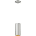The Pilson Pendant (29001-SAT-C) by Access Lighting features a cylindrical design with a silver finish, suspended from a black cord and circular ceiling mount, shown against a white background.