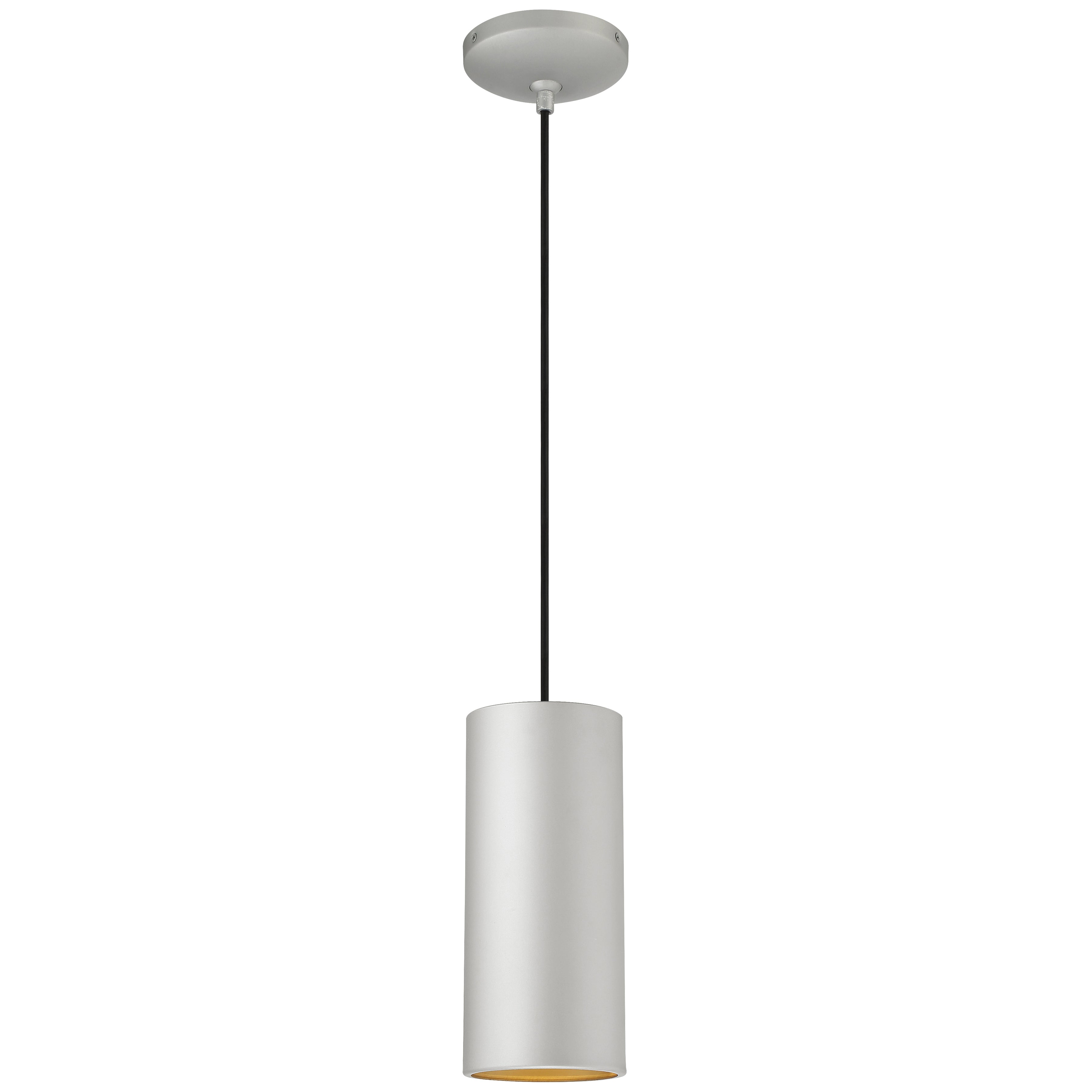 The Pilson Pendant (29001-SAT-C) by Access Lighting features a cylindrical design with a silver finish, suspended from a black cord and circular ceiling mount, shown against a white background.