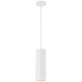 The Pilson Pendant (29002-MWH) by Access Lighting is a minimalist white cylindrical light fixture suspended from a ceiling mount on a straight rod, photographed against a plain background.