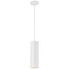 The Pilson Pendant (29002-MWH) by Access Lighting is a minimalist white cylindrical light fixture suspended from a ceiling mount on a straight rod, photographed against a plain background.