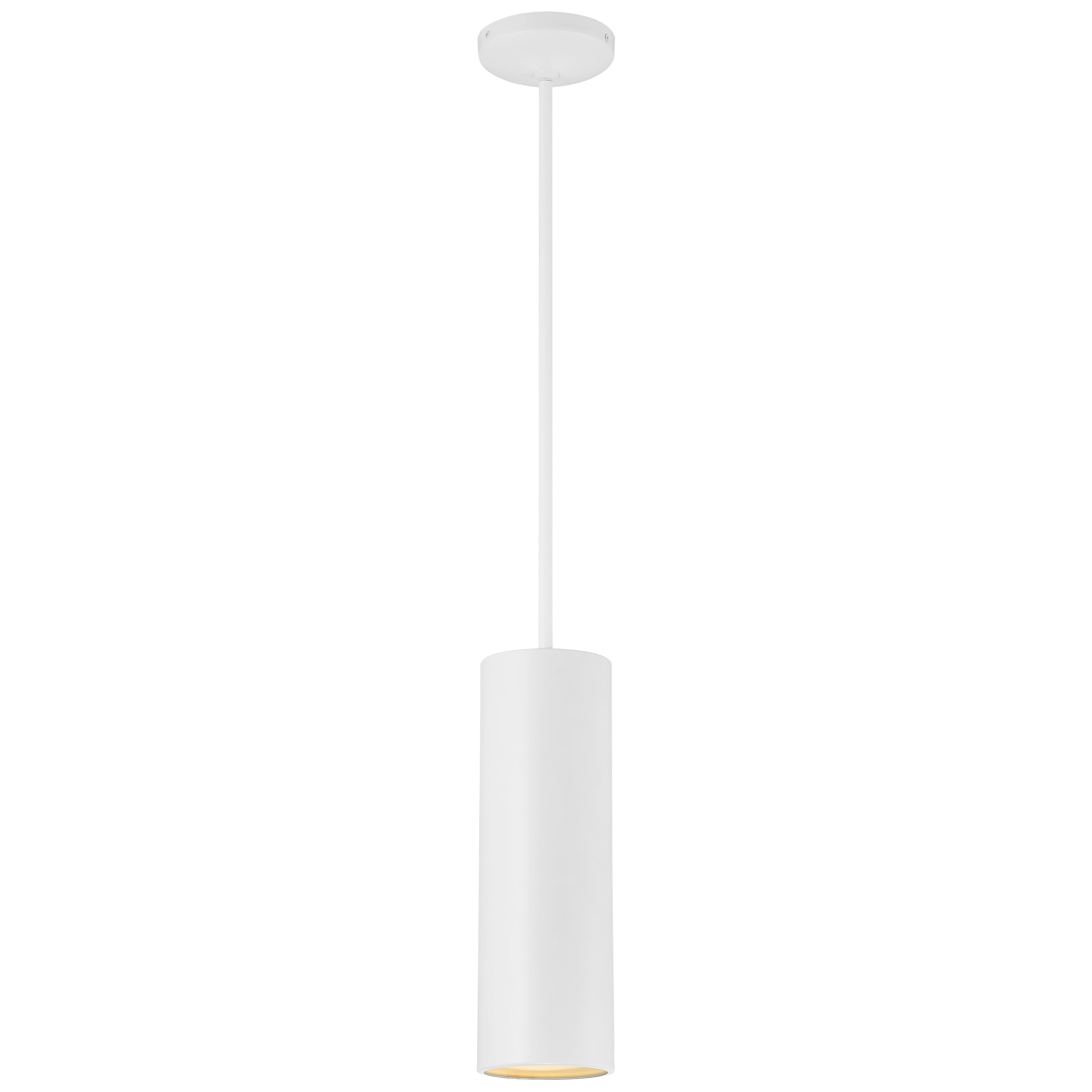 The Pilson Pendant (29002-MWH) by Access Lighting is a minimalist white cylindrical light fixture suspended from a ceiling mount on a straight rod, photographed against a plain background.