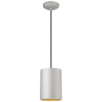 The Pilson XL LED Pendant by Access Lighting features a cylindrical satin shade suspended from a black cord and affixed to a round ceiling mount.