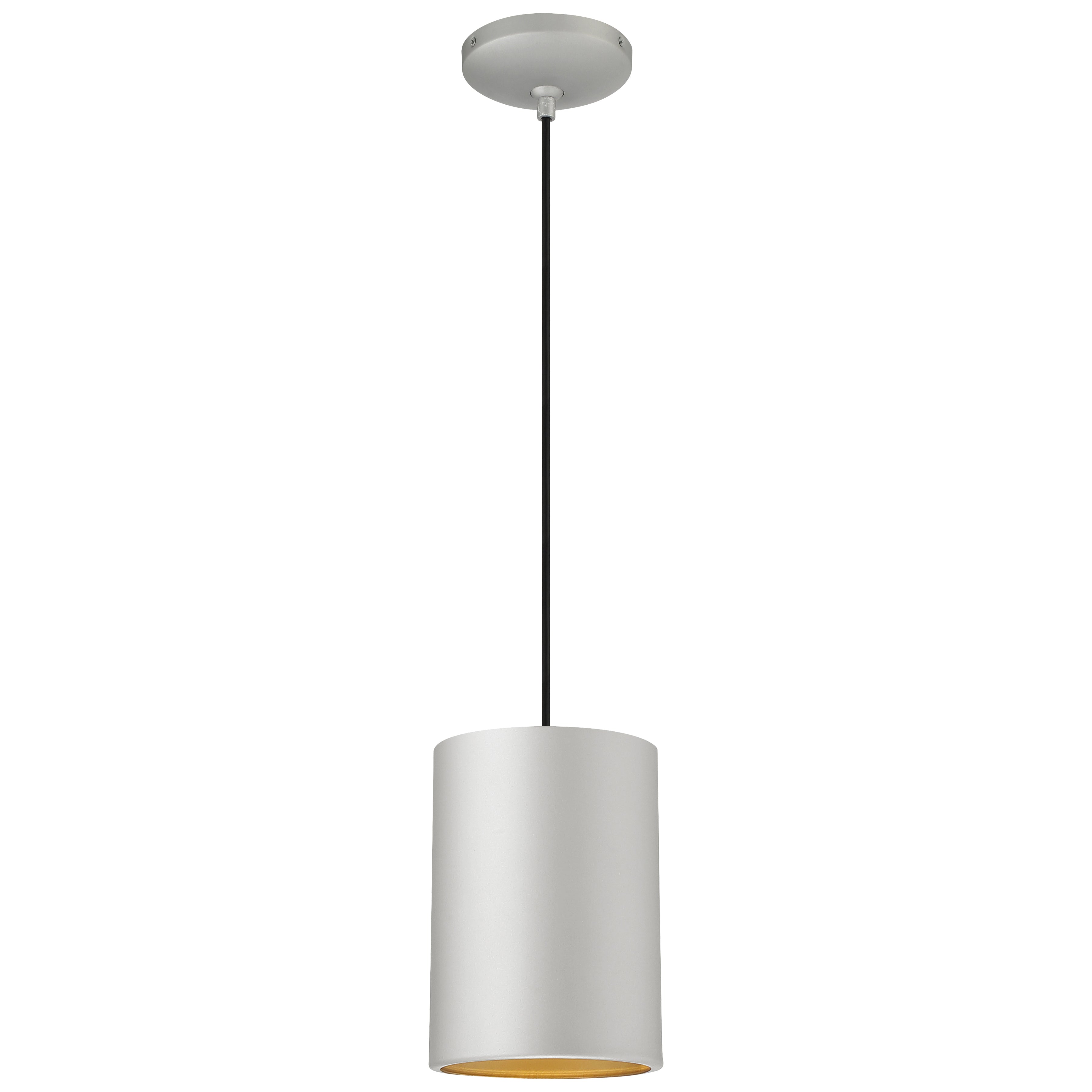 The Pilson XL LED Pendant by Access Lighting features a cylindrical satin shade suspended from a black cord and affixed to a round ceiling mount.