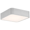Granada LED Flush Mount by Access Lighting in Satin finish, 12″ size, featuring a modern square design with a silver metallic frame and a white diffused lens, photographed against a white background.