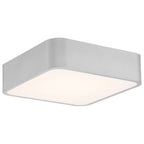 Granada LED Flush Mount by Access Lighting in Satin finish, 12″ size, featuring a modern square design with a silver metallic frame and a white diffused lens, photographed against a white background.