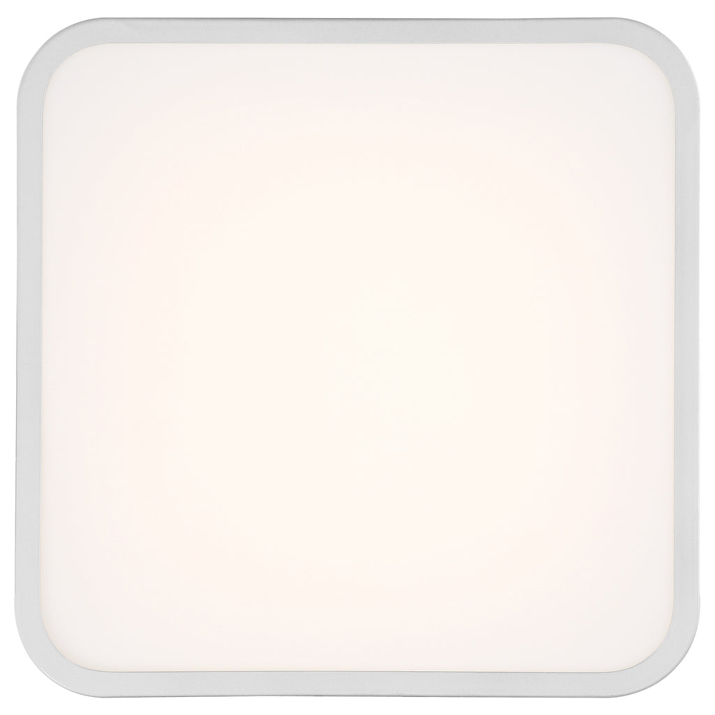 The Granada LED Flush Mount by Access Lighting features a 12-inch square design with rounded corners and a satin finish, glowing brightly against a plain background.