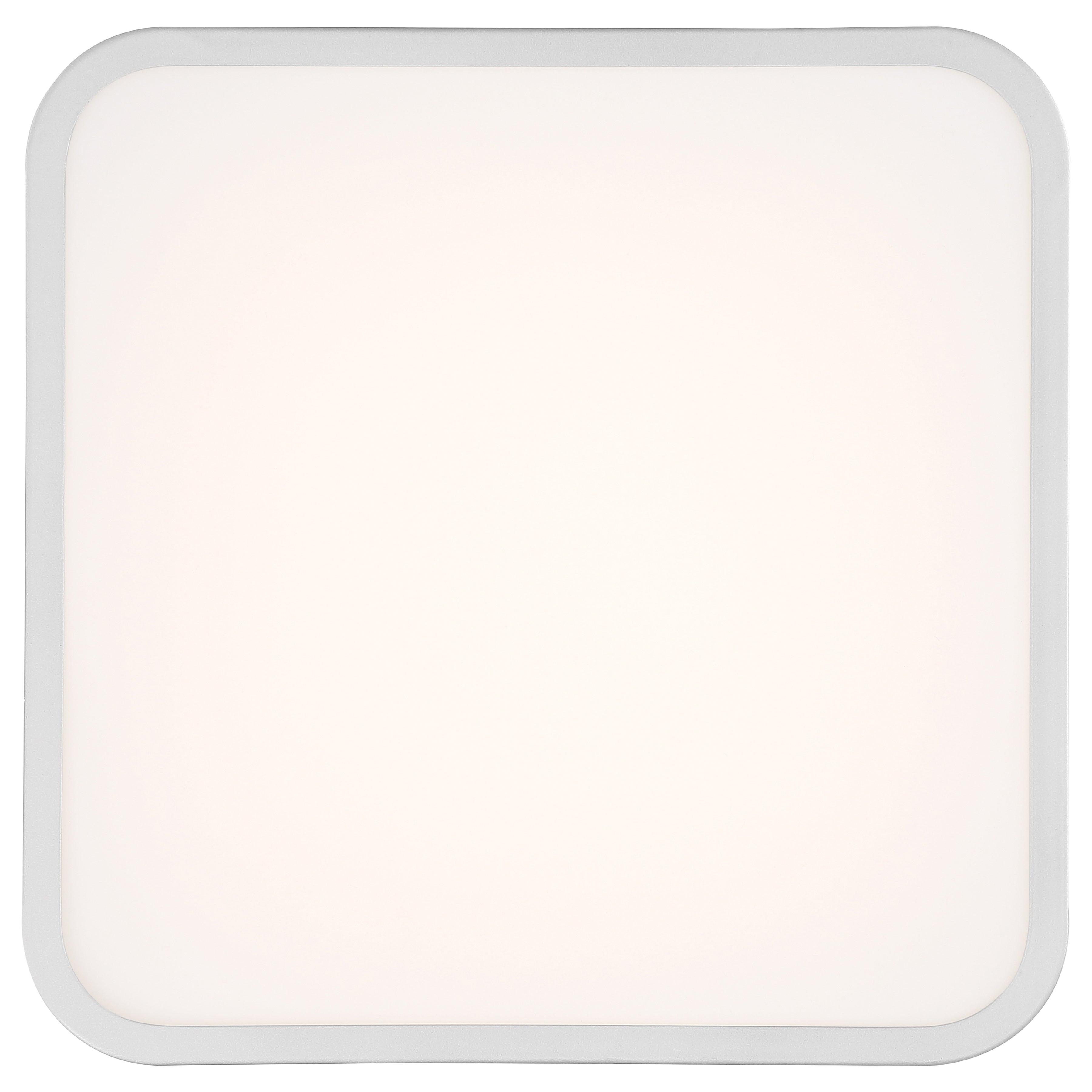 The Granada LED Flush Mount by Access Lighting features a 12-inch square design with rounded corners and a satin finish, glowing brightly against a plain background.
