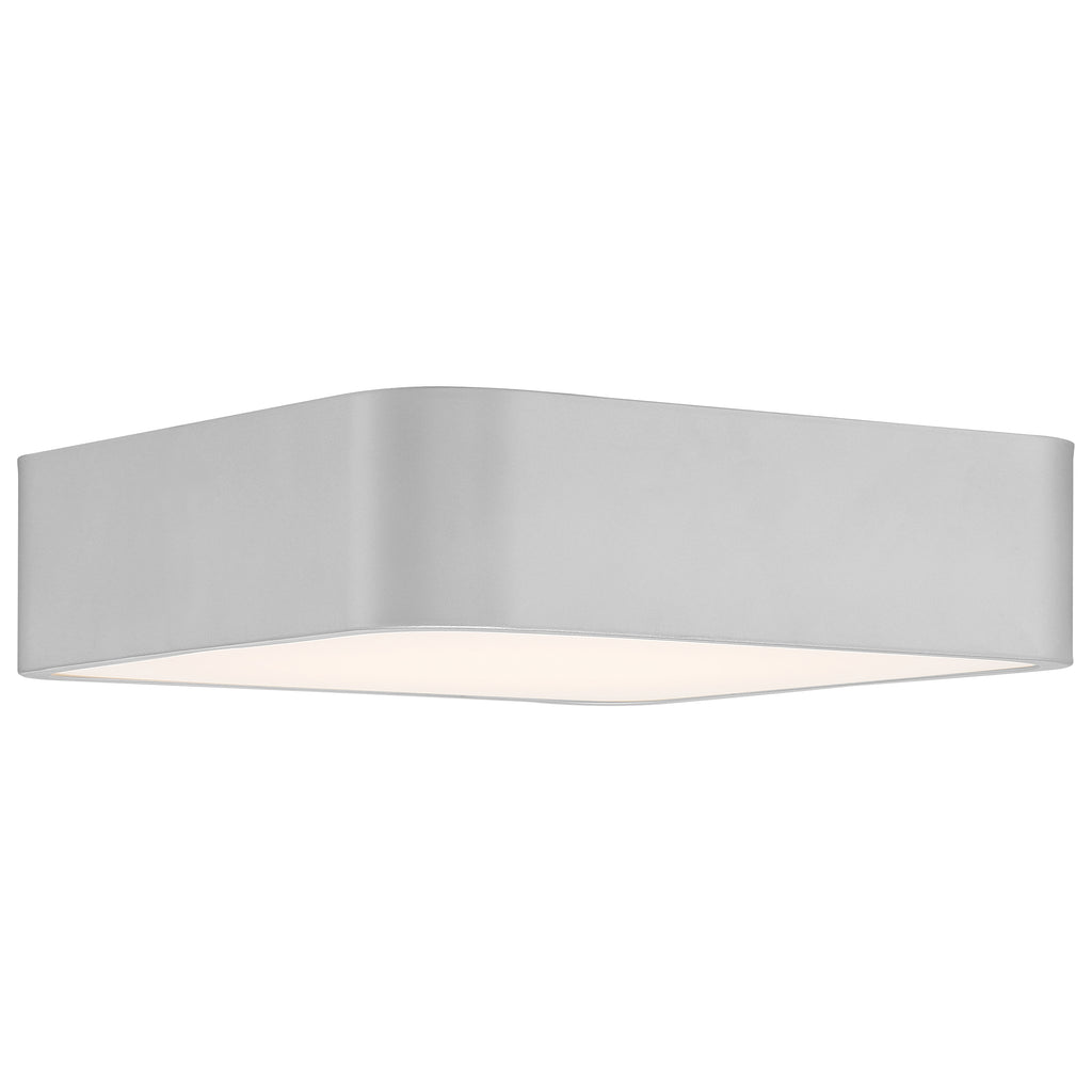 The Granada LED Flush Mount by Access Lighting features a modern rectangular design with rounded edges, finished in satin silver and topped with a frosted cover. The 12-inch fixture is displayed against a white background.