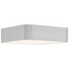 The Granada LED Flush Mount by Access Lighting features a modern rectangular design with rounded edges, finished in satin silver and topped with a frosted cover. The 12-inch fixture is displayed against a white background.