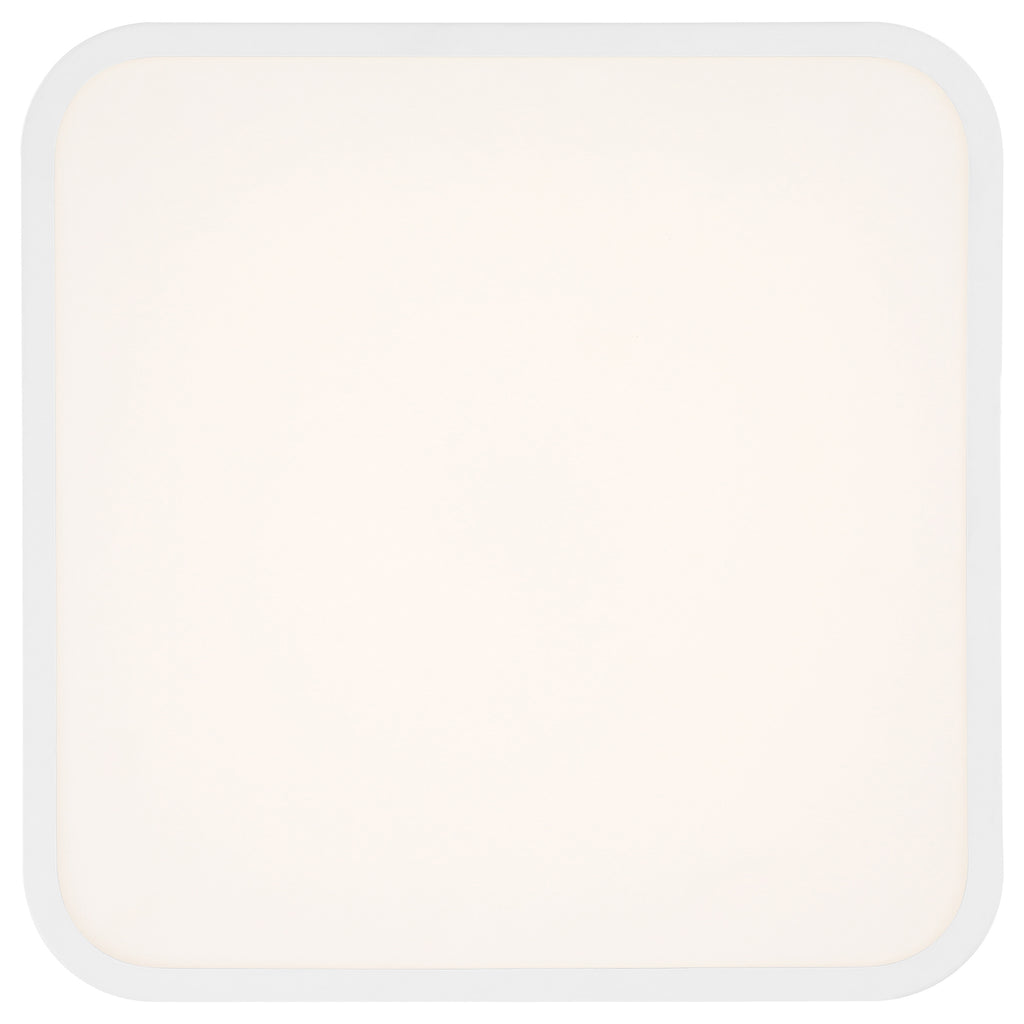 The Granada LED Flush Mount by Access Lighting features a 12″ square-shaped white panel with rounded corners, shown from the front and evenly illuminated against a white background.