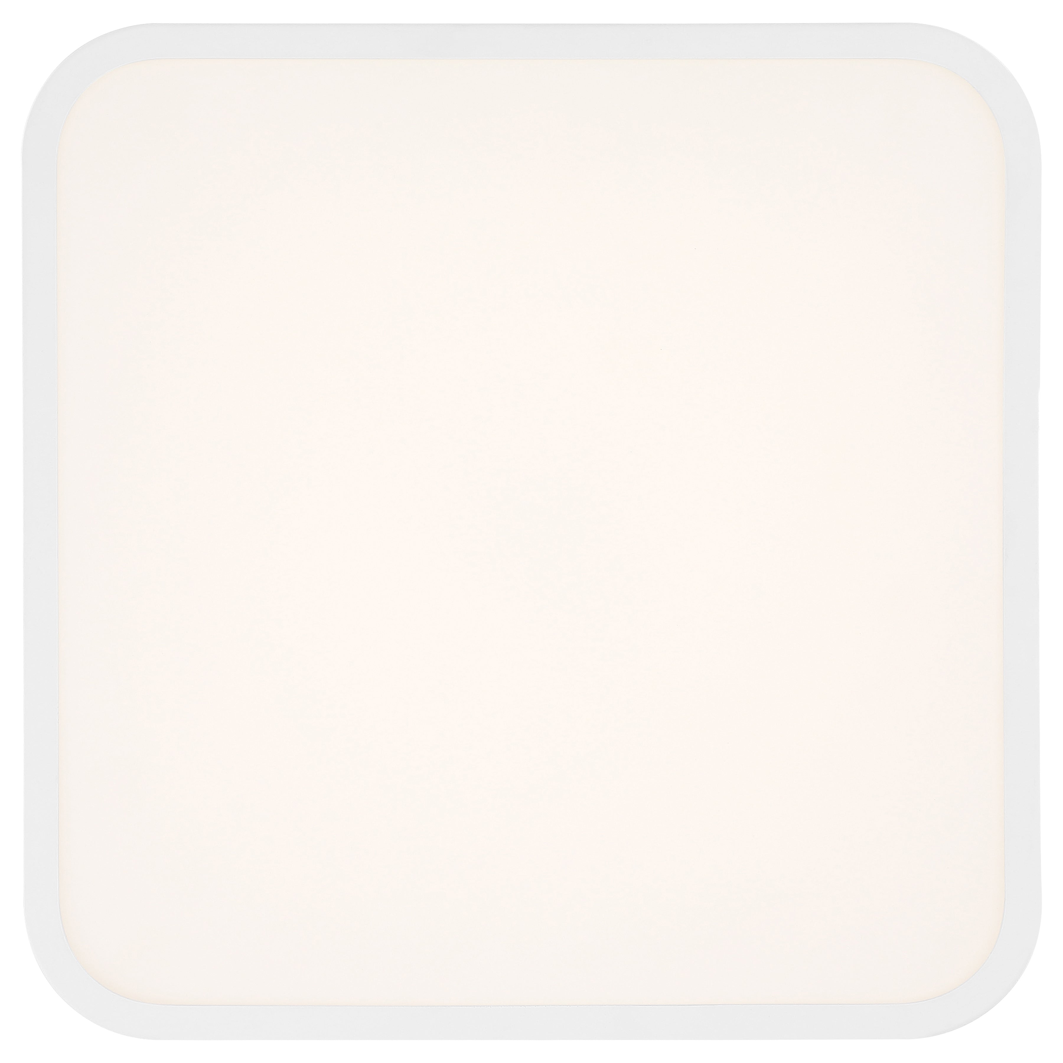 The Granada LED Flush Mount by Access Lighting features a 12″ square-shaped white panel with rounded corners, shown from the front and evenly illuminated against a white background.