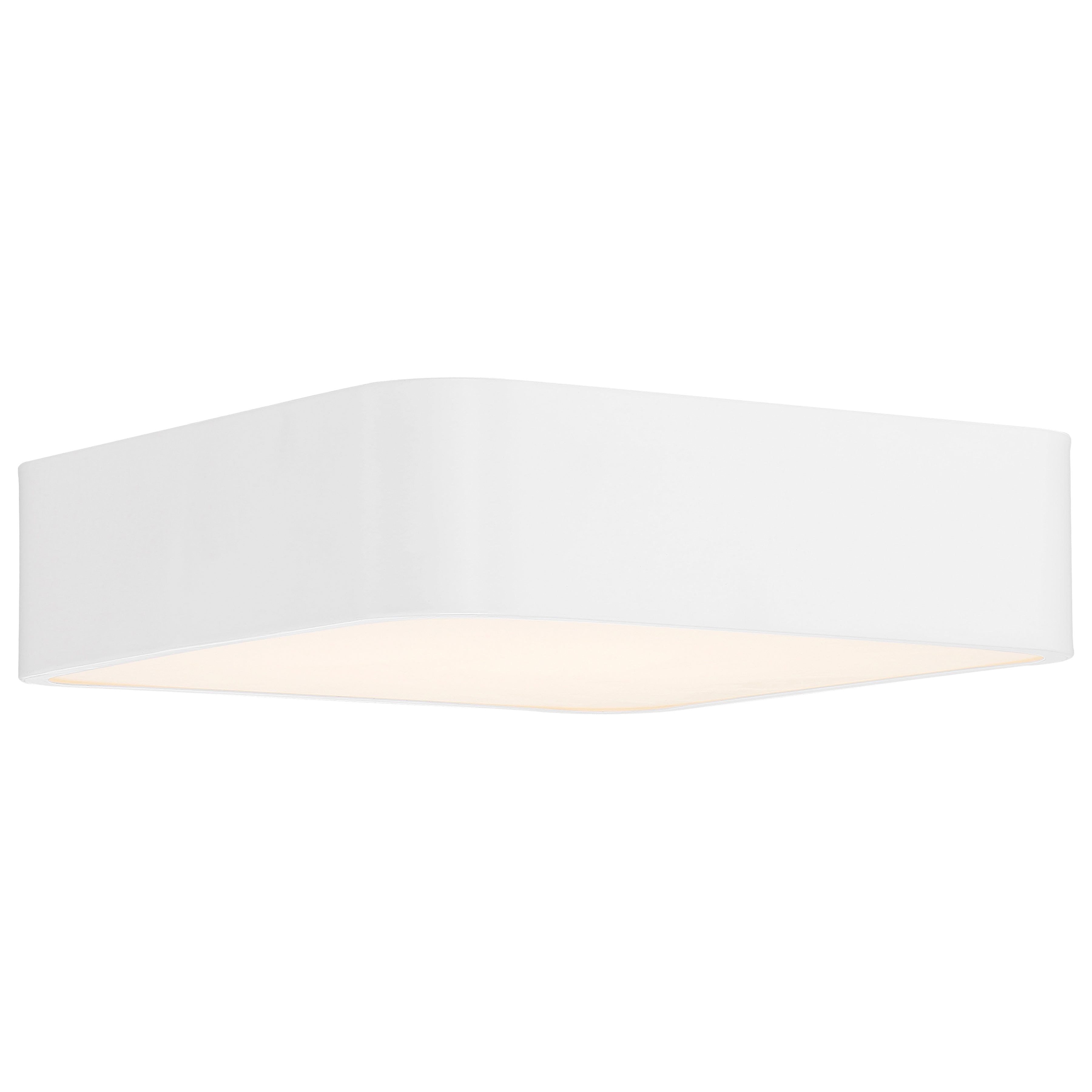 The Granada LED Flush Mount by Access Lighting features a white, 12-inch rectangular design with rounded edges and provides a soft, even glow from its bottom surface.
