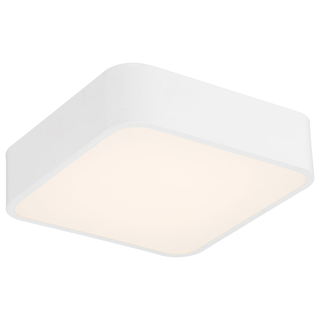The Granada LED Flush Mount by Access Lighting is shown here in white with a 12″ square shape, featuring rounded edges, mounted flush to the ceiling and softly illuminated from a front-side angle.