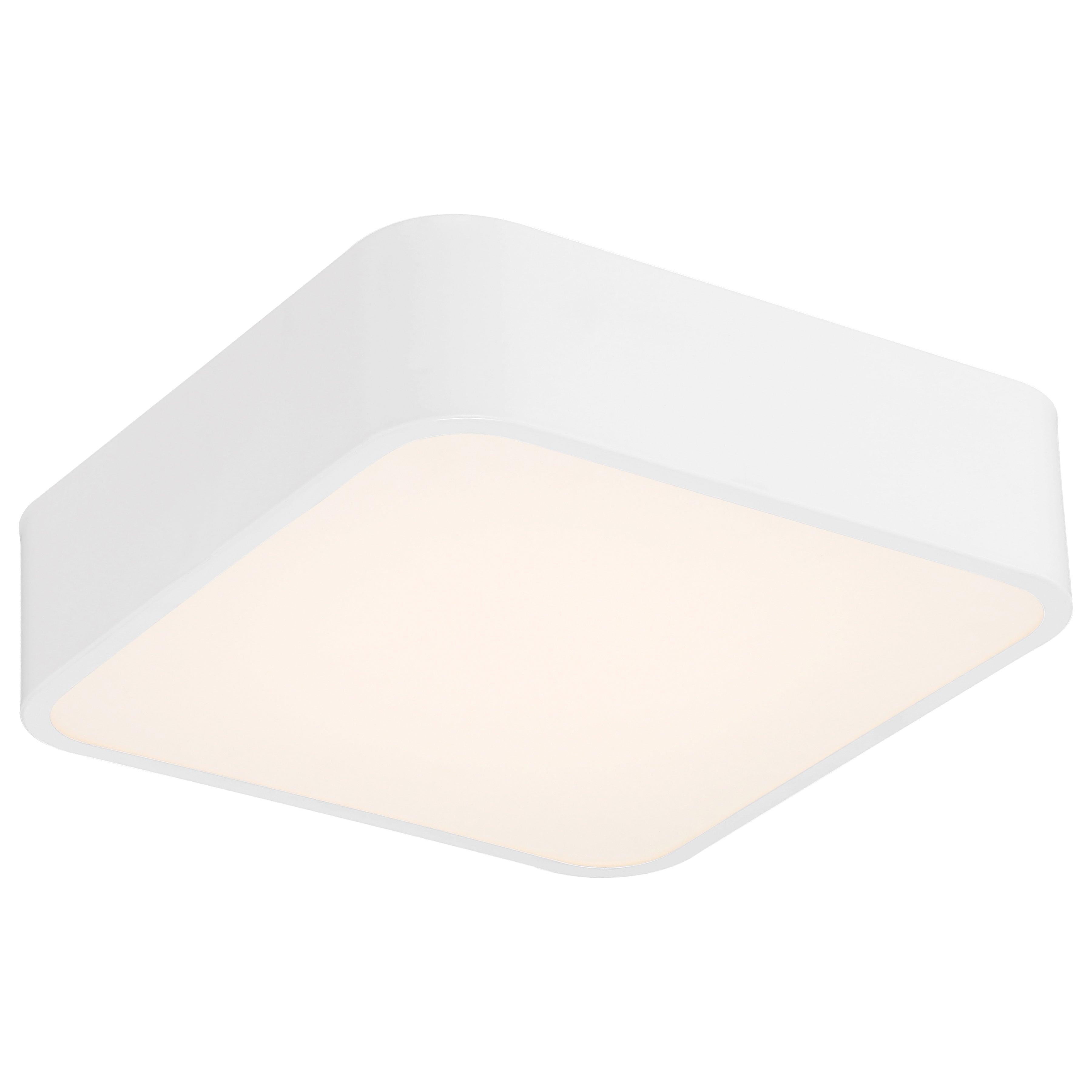 The Granada LED Flush Mount by Access Lighting is shown here in white with a 12″ square shape, featuring rounded edges, mounted flush to the ceiling and softly illuminated from a front-side angle.