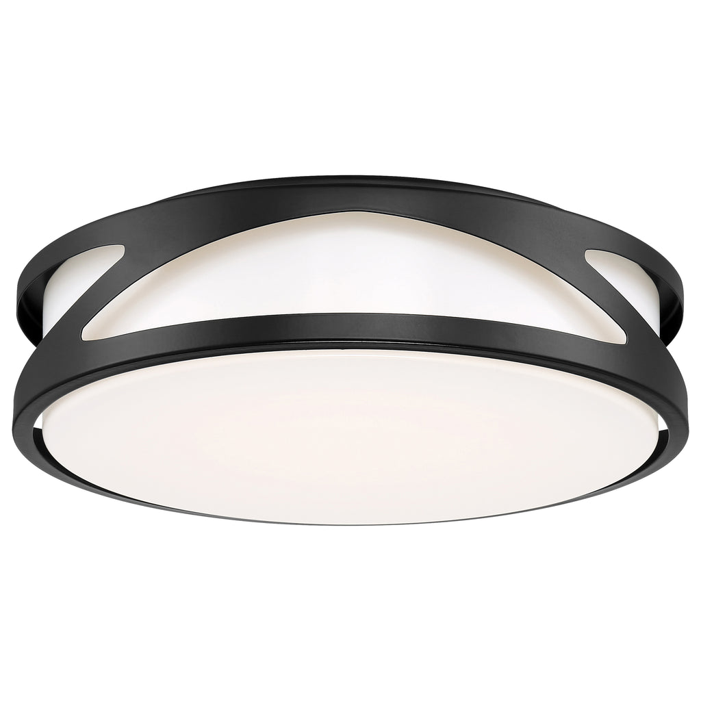 The Lucia LED Flush Mount by Access Lighting features a round white diffuser and a black metal frame with geometric cut-out details, measuring 13.75 inches.