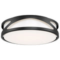 The Lucia LED Flush Mount by Access Lighting features a round white diffuser and a black metal frame with geometric cut-out details, measuring 13.75 inches.