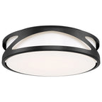 The Lucia LED Flush Mount by Access Lighting features a round white diffuser and a black metal frame with geometric cut-out details, measuring 13.75 inches.