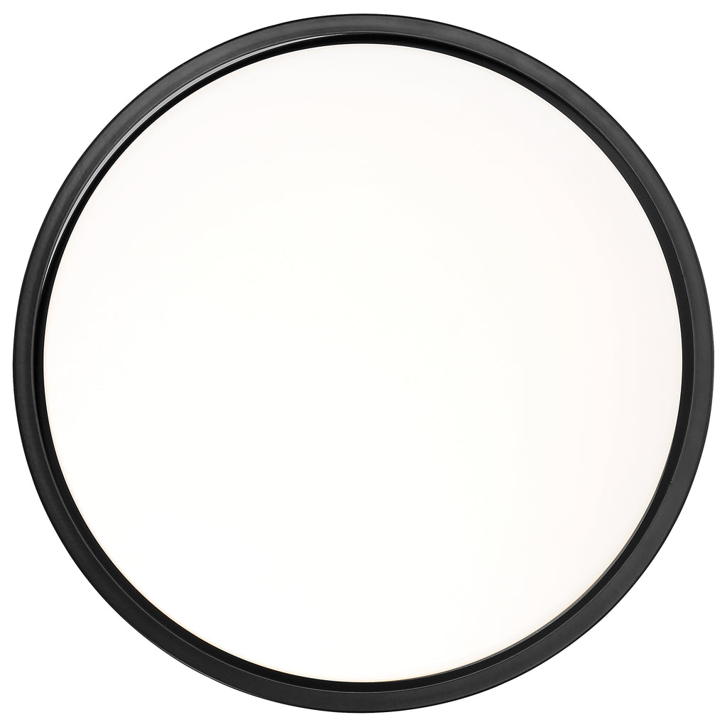 Photographed from above against a white background, the Lucia LED Flush Mount by Access Lighting features a round, flat design with a white center and a thin black border. This fixture measures 13.75 inches in diameter.