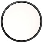 Photographed from above against a white background, the Lucia LED Flush Mount by Access Lighting features a round, flat design with a white center and a thin black border. This fixture measures 13.75 inches in diameter.