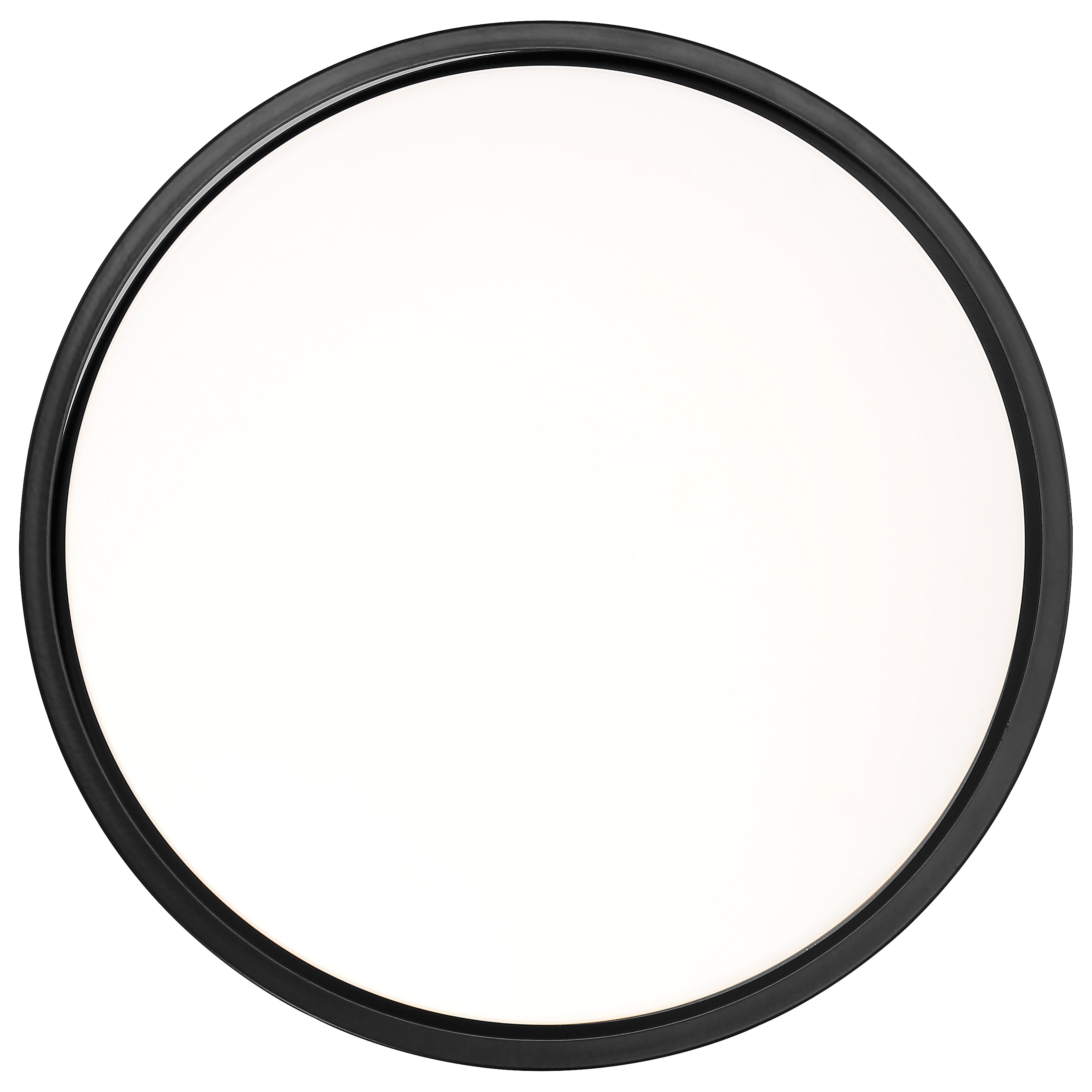 Photographed from above against a white background, the Lucia LED Flush Mount by Access Lighting features a round, flat design with a white center and a thin black border. This fixture measures 13.75 inches in diameter.