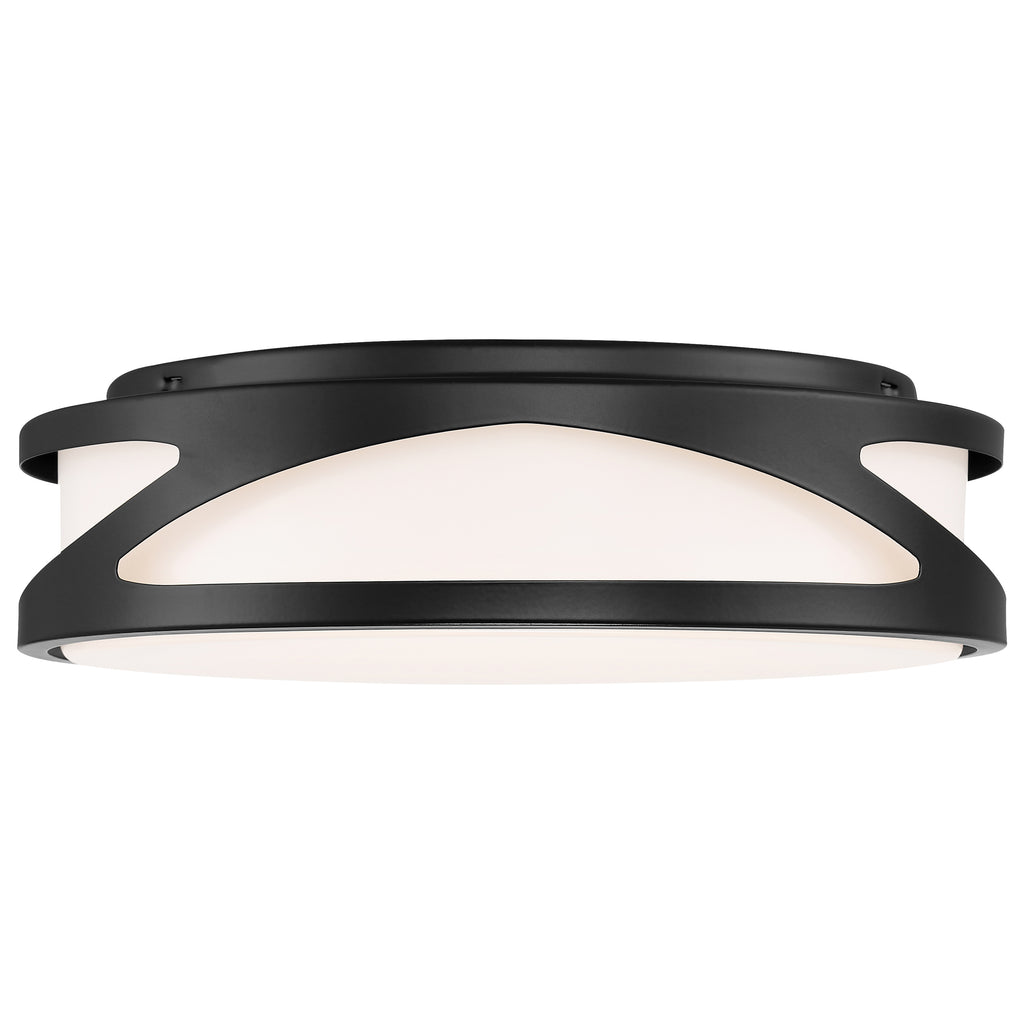 The Lucia LED Flush Mount by Access Lighting features a black metal frame with geometric cutouts around the sides and a white diffuser, measuring 13.75″ in diameter.