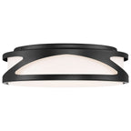 The Lucia LED Flush Mount by Access Lighting features a black metal frame with geometric cutouts around the sides and a white diffuser, measuring 13.75″ in diameter.
