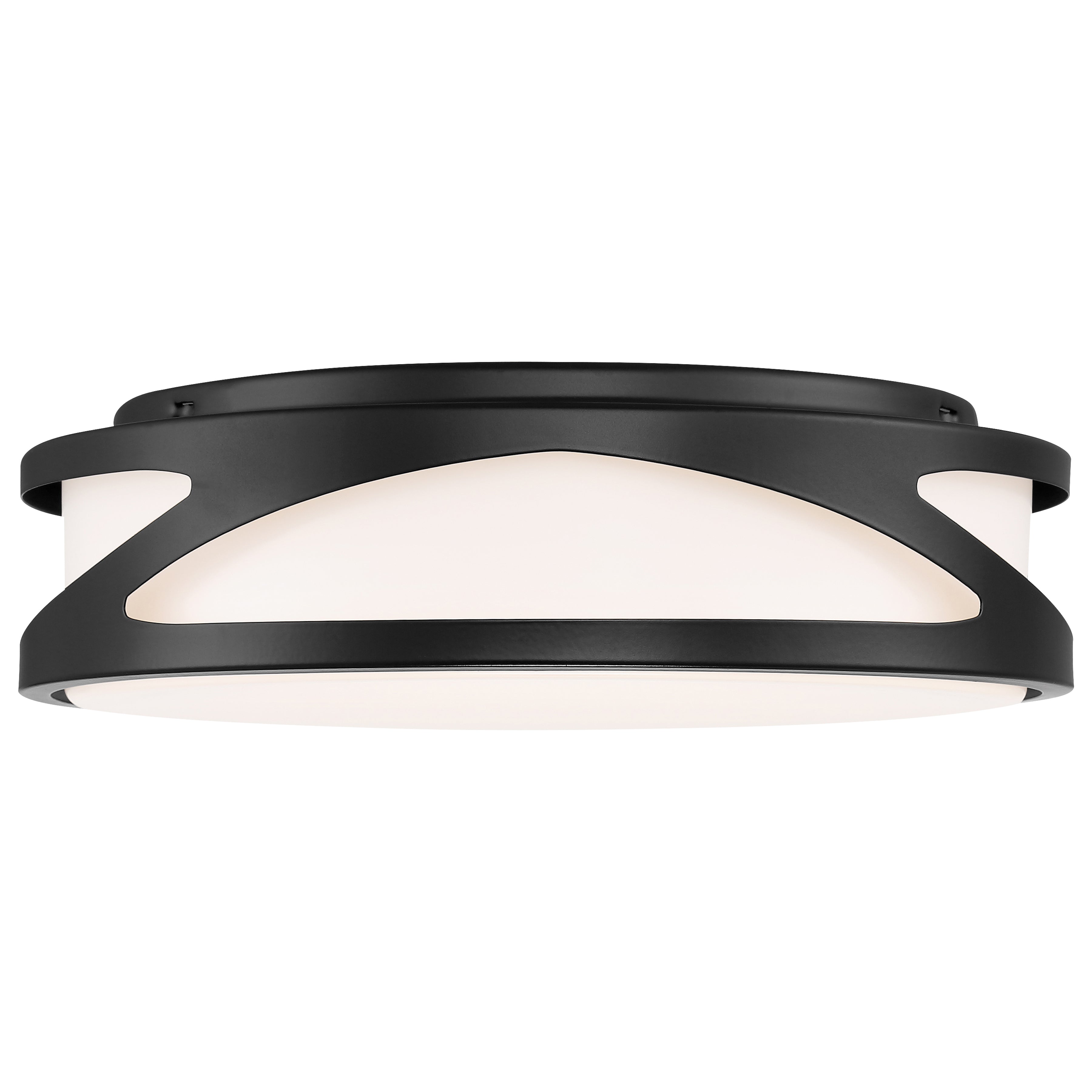The Lucia LED Flush Mount by Access Lighting features a black metal frame with geometric cutouts around the sides and a white diffuser, measuring 13.75″ in diameter.