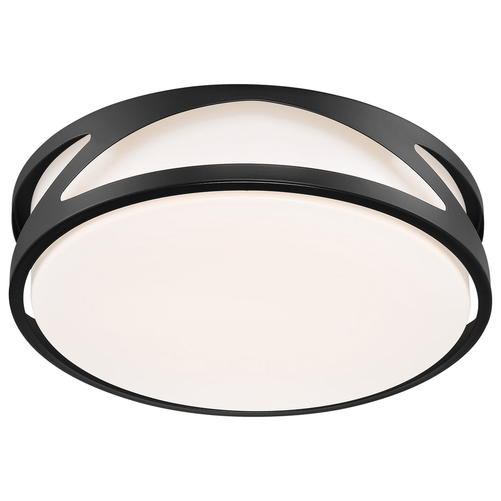 The Lucia LED Flush Mount by Access Lighting features a black metal frame and a white frosted diffuser, offering a modern round ceiling light fixture ideal for contemporary interiors.