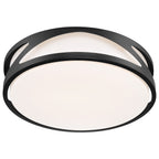 The Lucia LED Flush Mount by Access Lighting features a black metal frame and a white frosted diffuser, offering a modern round ceiling light fixture ideal for contemporary interiors.