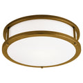 The Conga Flush Mount by Access Lighting, shown in the 19″ bronze finish, features a circular silhouette with a white frosted glass cover and metal frame, viewed from below against a plain background.