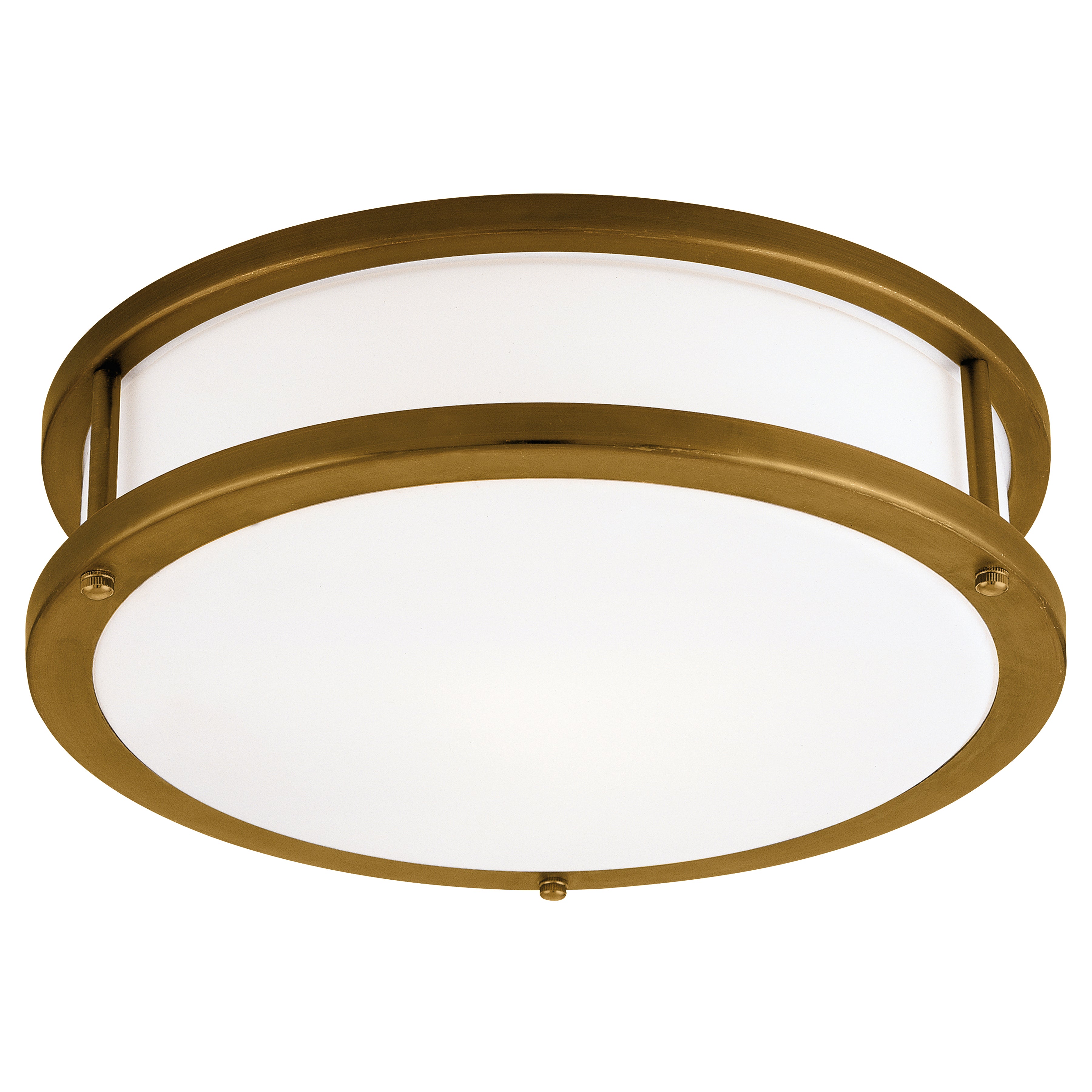 The Conga Flush Mount by Access Lighting, shown in the 19″ bronze finish, features a circular silhouette with a white frosted glass cover and metal frame, viewed from below against a plain background.
