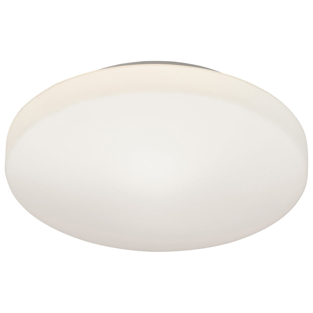 The Orion LED Flush Mount by Access Lighting is a round, white ceiling light fixture featuring a smooth, slightly domed surface, shown from below against a white background.