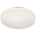 The Orion LED Flush Mount by Access Lighting is a round, white ceiling light fixture featuring a smooth, slightly domed surface, shown from below against a white background.