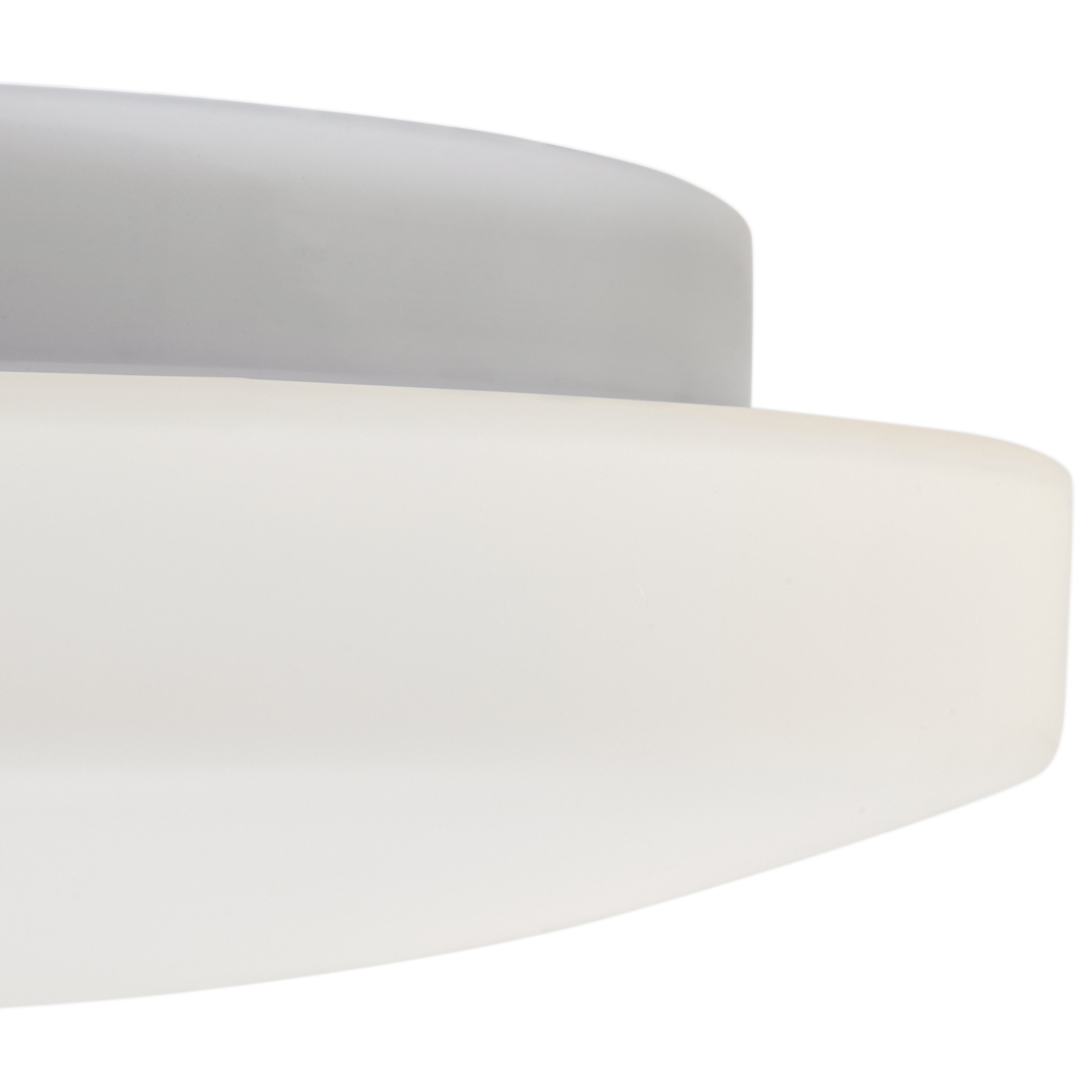 Close-up of two overlapping, rounded Orion LED Flush Mounts by Access Lighting—one white and one light gray—set against a plain background.