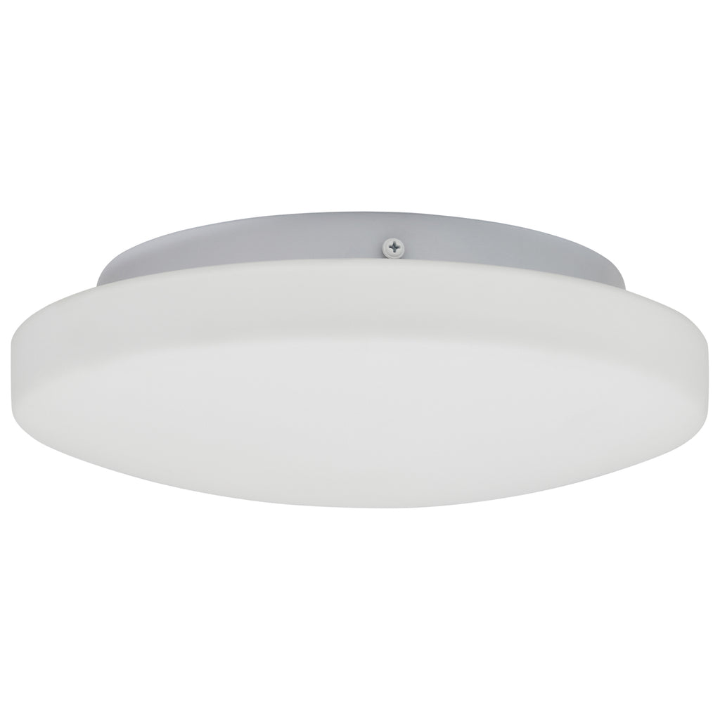 The Orion LED Flush Mount by Access Lighting features a round white ceiling fixture with a frosted cover and a silver mounting plate, shown from below at an angle.