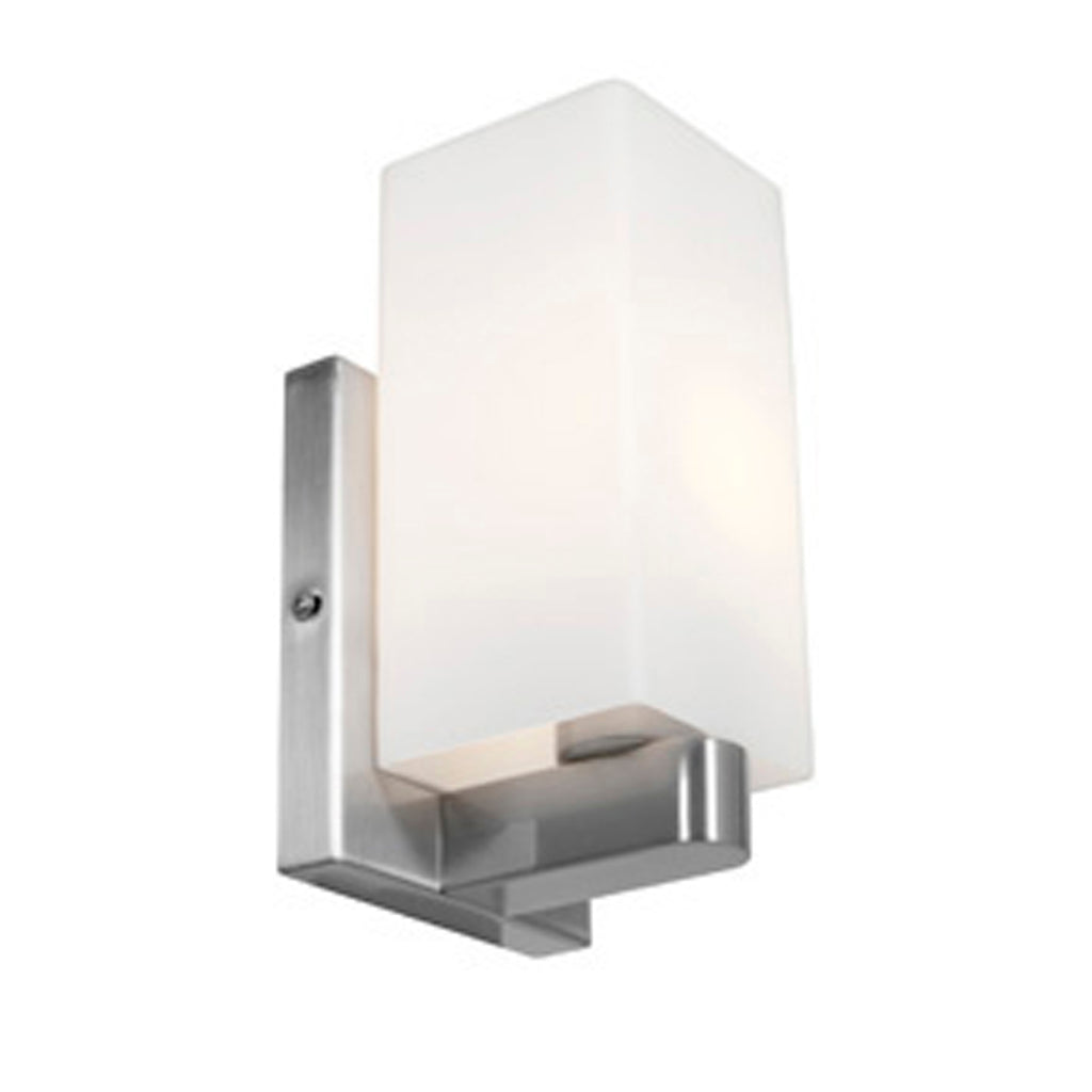 The Archi 1 Light LED Wall Sconce & Vanity by Access Lighting features a rectangular frosted glass shade and a brushed metal base, providing soft illumination.