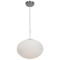 The Callisto Pendant, 15″ by Access Lighting features a round, white, ribbed shade suspended from a thin cord and metal ceiling mount against a plain background.