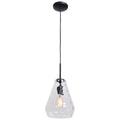The Access Lighting Clear Geo Pendant, 60W features a black cord, a black fixture, and a clear faceted glass shade, suspended from a ceiling mount.