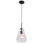 The Access Lighting Clear Geo Pendant, 60W features a black cord, a black fixture, and a clear faceted glass shade, suspended from a ceiling mount.