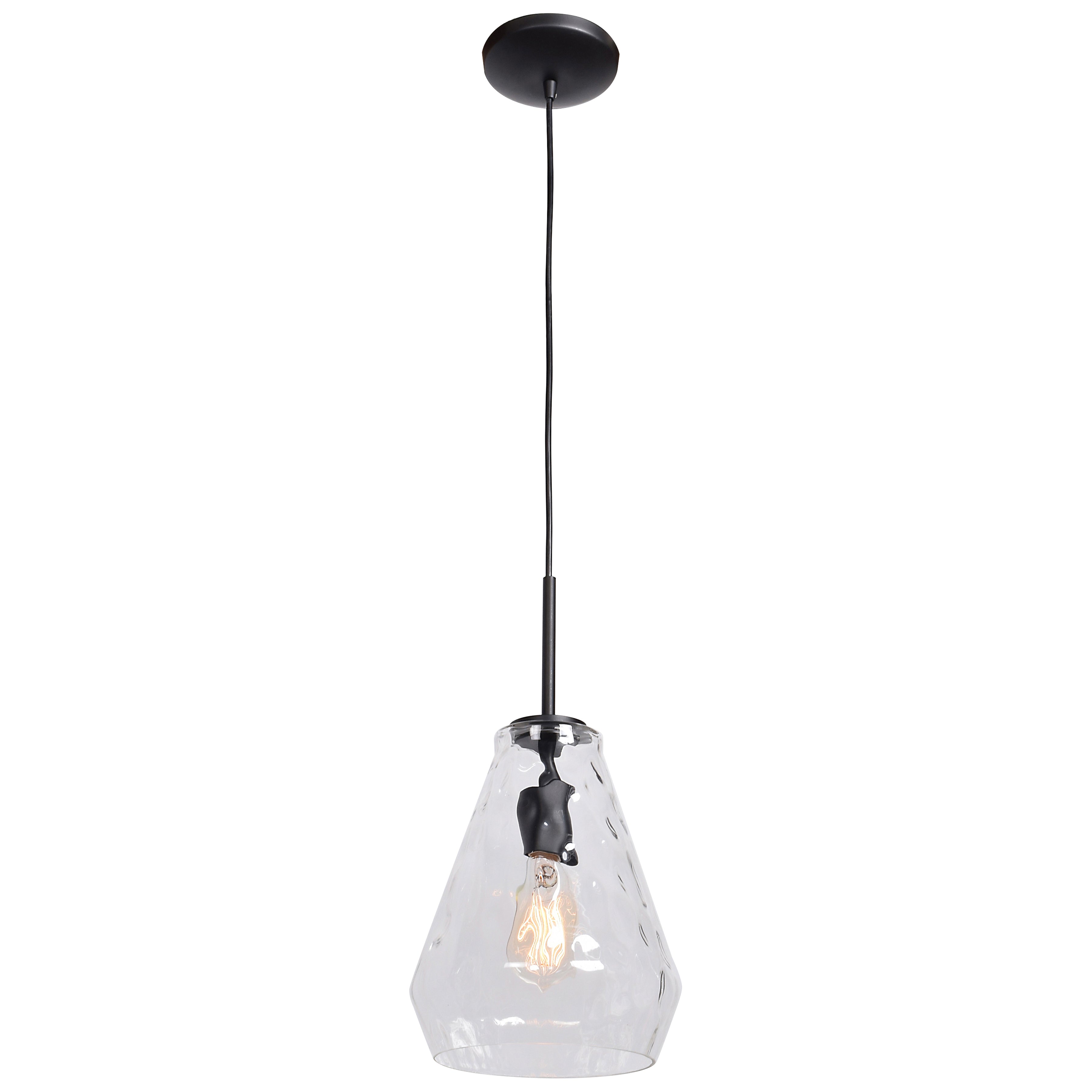 The Access Lighting Clear Geo Pendant, 60W features a black cord, a black fixture, and a clear faceted glass shade, suspended from a ceiling mount.