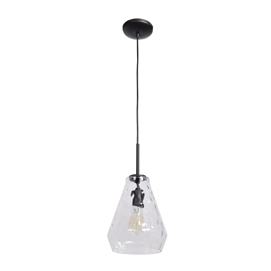 The Clear Geo Pendant, 60W by Access Lighting features a clear glass shade with a black fixture and visible bulb, suspended from a black cord attached to a round ceiling mount.