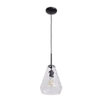 The Clear Geo Pendant, 60W by Access Lighting features a clear glass shade with a black fixture and visible bulb, suspended from a black cord attached to a round ceiling mount.