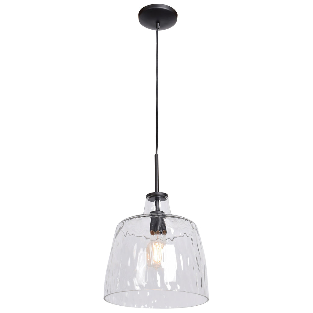The Access Lighting Clear Pendant, 60W, is a ceiling-mounted fixture featuring a black cord and a clear textured glass shade that displays the light bulb inside.