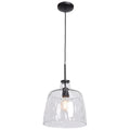 The Access Lighting Clear Pendant, 60W, is a ceiling-mounted fixture featuring a black cord and a clear textured glass shade that displays the light bulb inside.