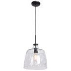 The Access Lighting Clear Pendant, 60W, is a ceiling-mounted fixture featuring a black cord and a clear textured glass shade that displays the light bulb inside.