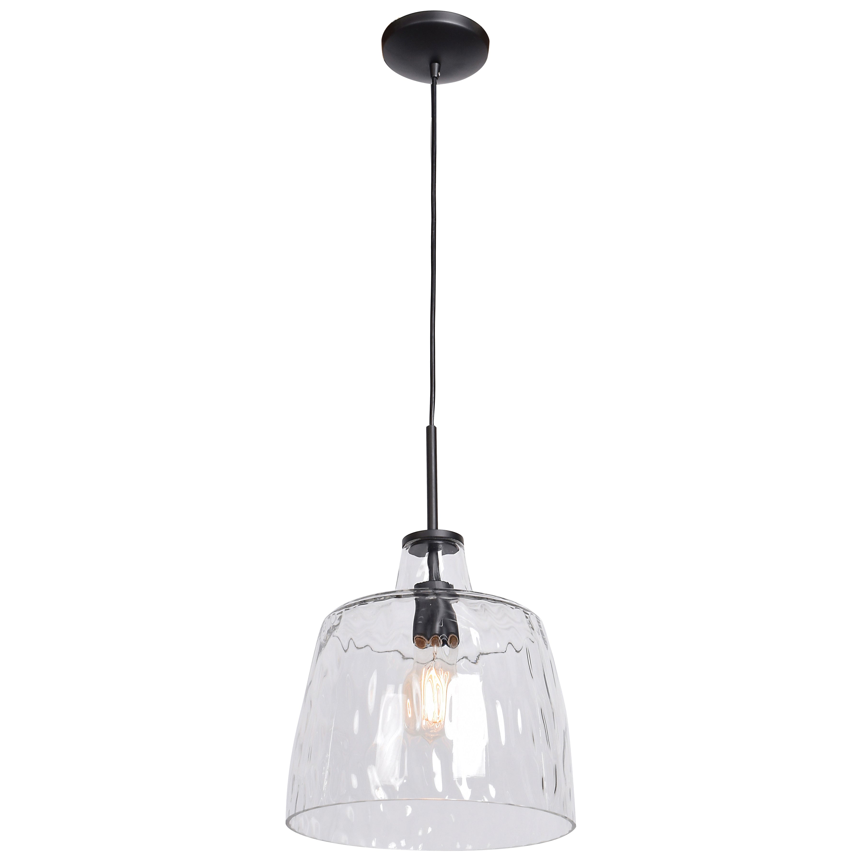 The Access Lighting Clear Pendant, 60W, is a ceiling-mounted fixture featuring a black cord and a clear textured glass shade that displays the light bulb inside.