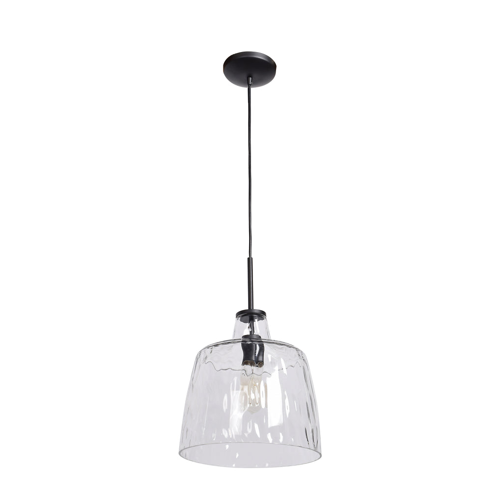 The Access Lighting Clear Pendant, 60W, features a black canopy and black cord paired with a clear textured glass shade, elegantly suspended against a plain white background.