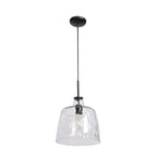 The Access Lighting Clear Pendant, 60W, features a black canopy and black cord paired with a clear textured glass shade, elegantly suspended against a plain white background.