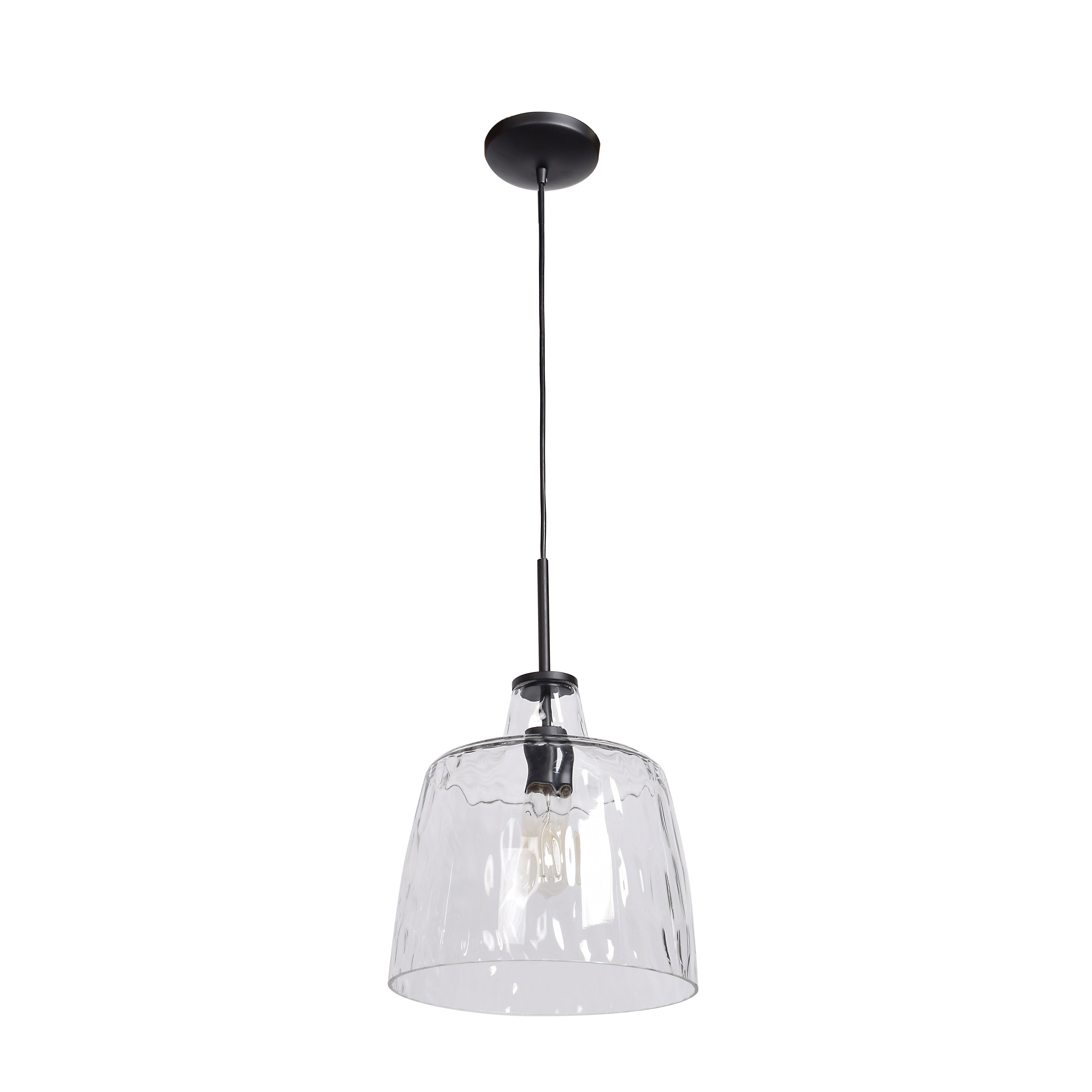 The Access Lighting Clear Pendant, 60W, features a black canopy and black cord paired with a clear textured glass shade, elegantly suspended against a plain white background.