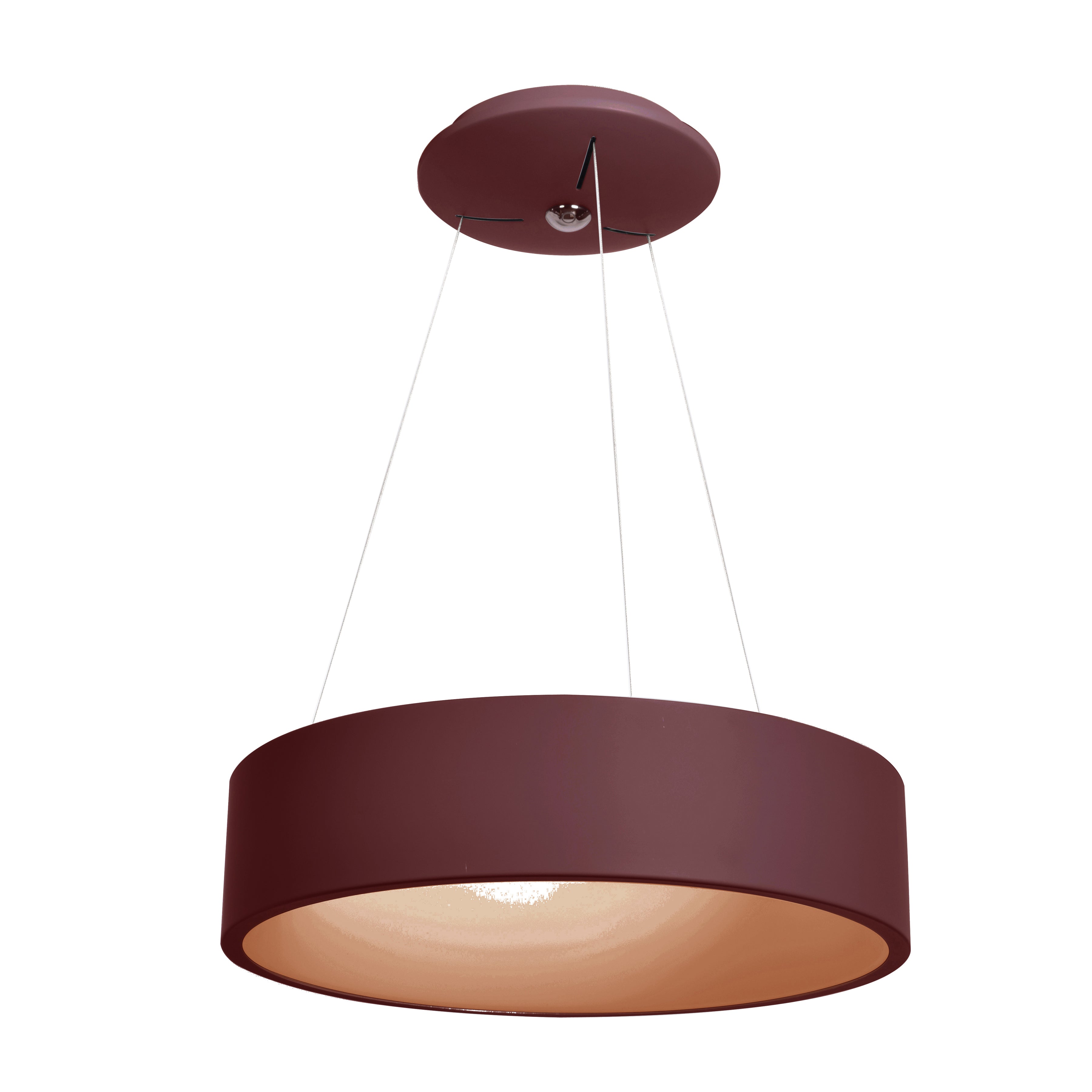 The Radiant Dual Voltage LED Pendant by Access Lighting features a modern, circular design with a brick-colored shade, suspended from the ceiling by three thin wires.
